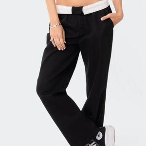 Black Wide-Leg Pants with Fold-Over Detail